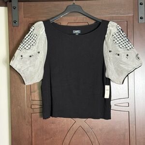 Anthropologie Black Knit Top with Black and White Gingham Flowers.  NWT